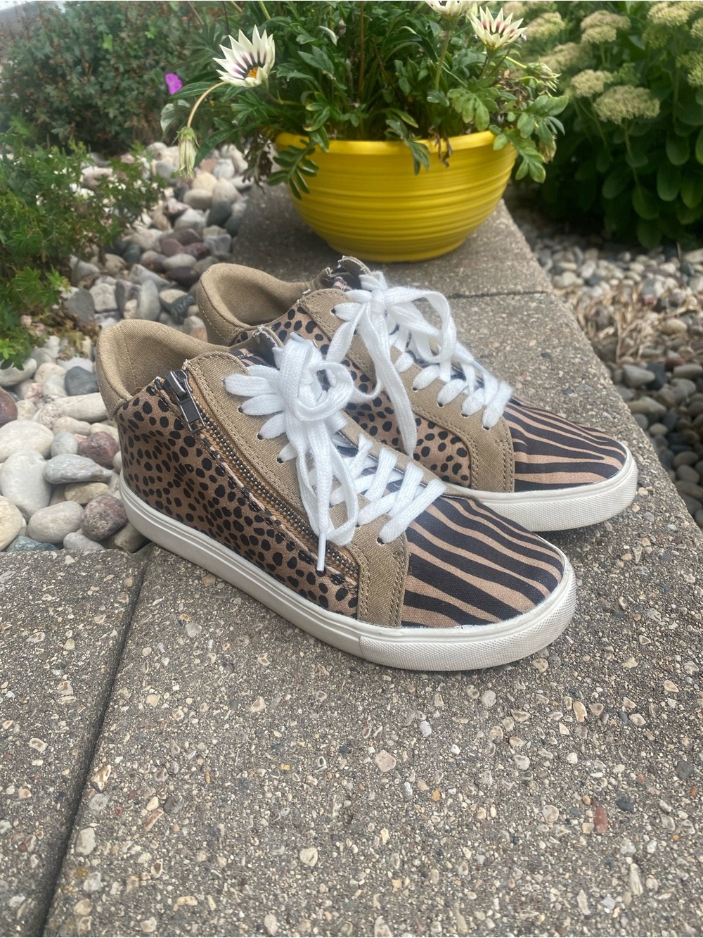 Farylrobin Tan and Black Animal Print High-Top Sneakers